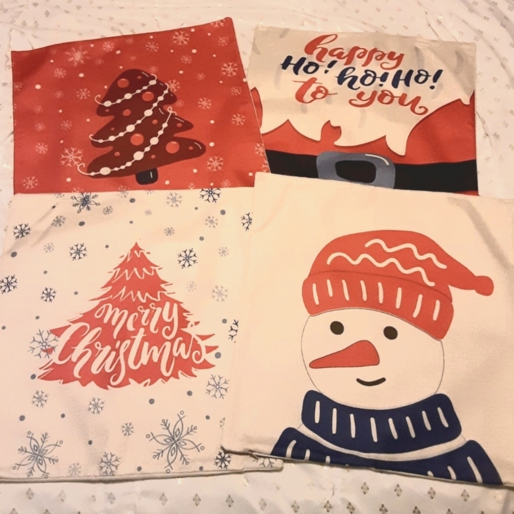 NEW Set of 4 Red & Blue Christmas Pillowcovers - snowman, trees **SO CUTE**